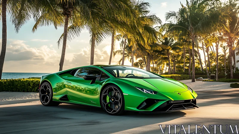 Green supercar parked on tropical beachfront road.