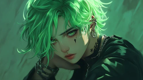 Green haired androgynous character with intense stare.