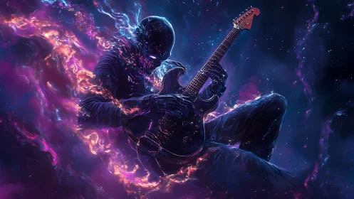 Cosmic guitarist drifts through glowing nebula flames