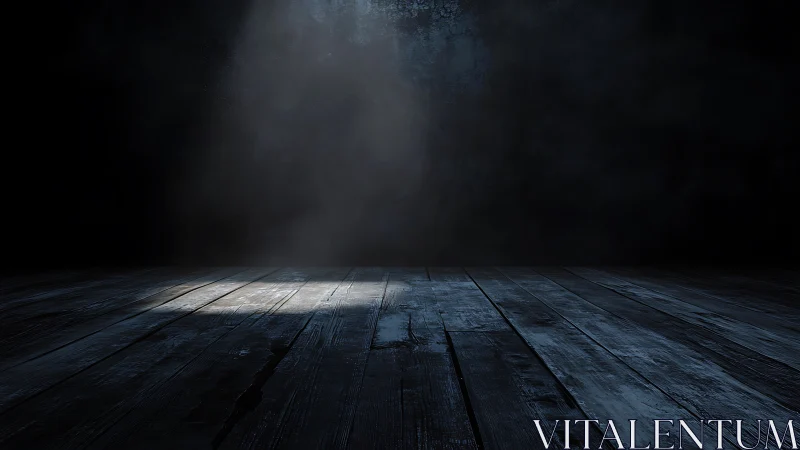 Single overhead spotlight on weathered wooden stage floor