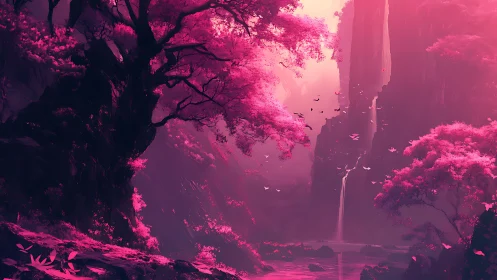 Mystic pink forest valley with cascading ethereal waterfall.