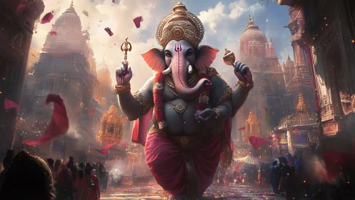 Elephant-headed deity strides through swirling temple light