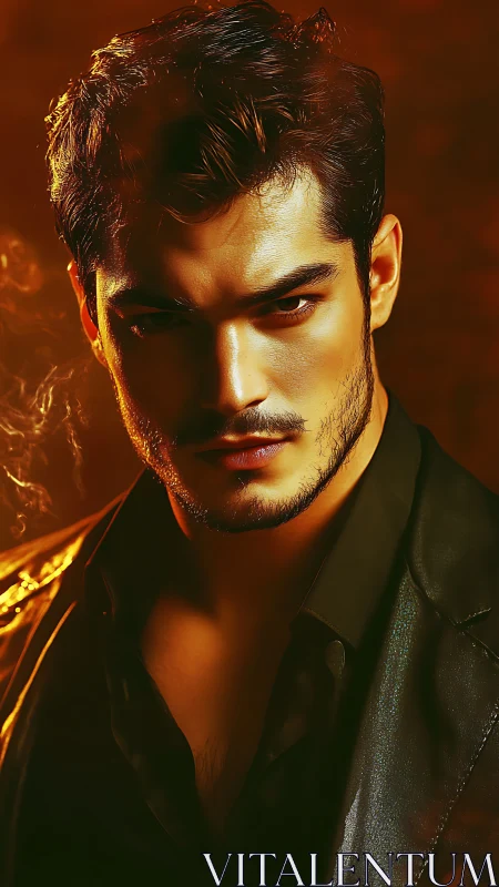 Moody portrait of a confident man in warm golden light.