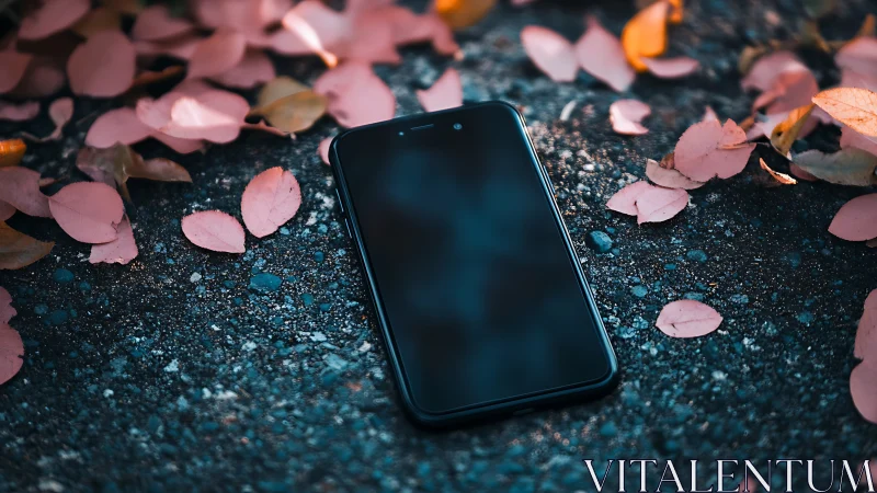 Smartphone on asphalt surrounded by pastel autumn leaves.