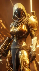 Gilded sci fi ranger in reflective exo armor with hooded visor
