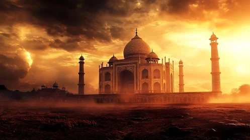 Sunlit domed monument stands amid dramatic orange clouds