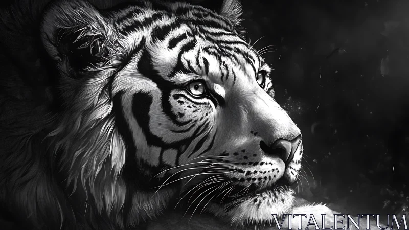 Black and white close-up portrait of a resting tiger head.