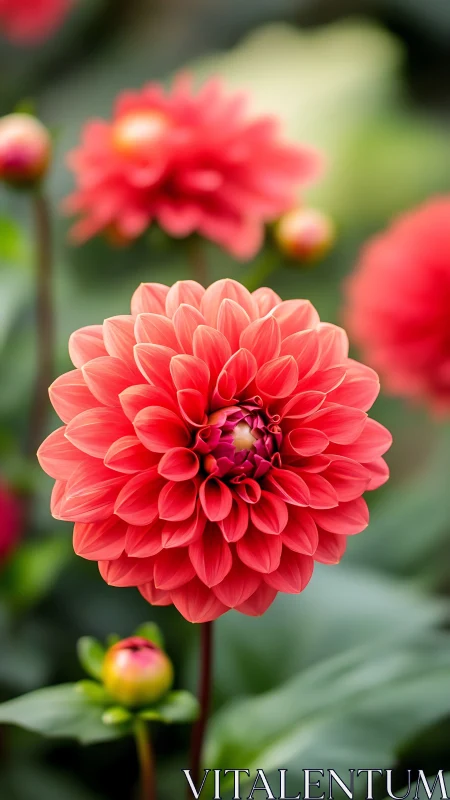 Red dahlia blossom with layered petals in sharp focus photography.