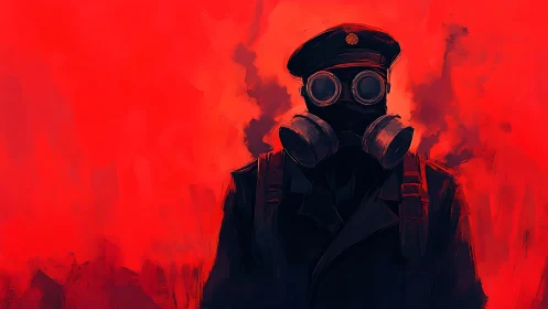 Mysterious gas mask wanderer emerges in a crimson haze