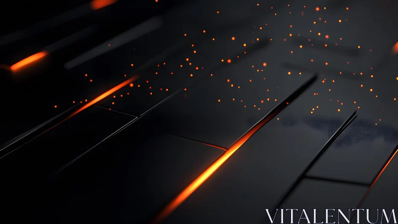 Futuristic dark geometric background with glowing orange accents.