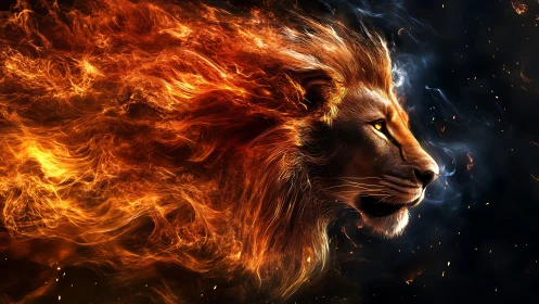 Lion head formed from flowing flames on dark void.