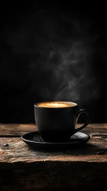 Steaming latte in matte black cup rests on rustic wooden table