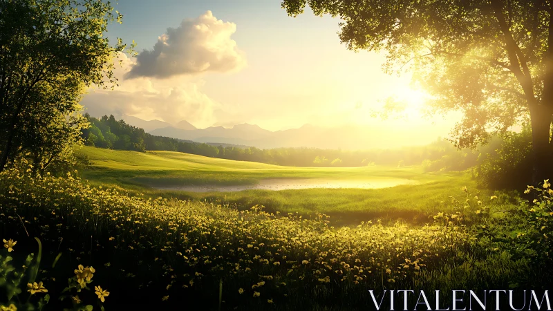 Golden hour meadow landscape renders atmospheric depth and light