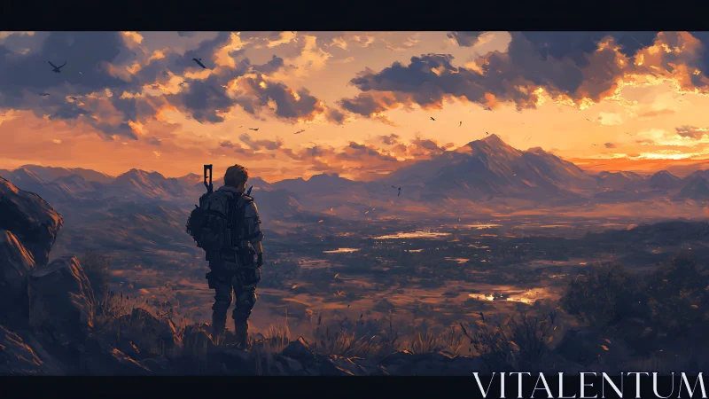 Solitary armored hiker overlooks vast orange mountain valley