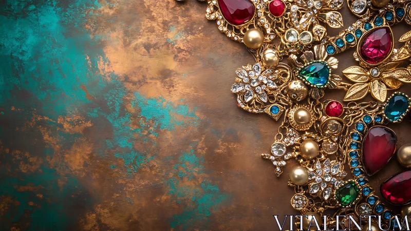 Baroque gold jewelry clusters contrast against oxidized teal copper