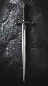 Medieval longsword on stone in dramatic monochrome light.