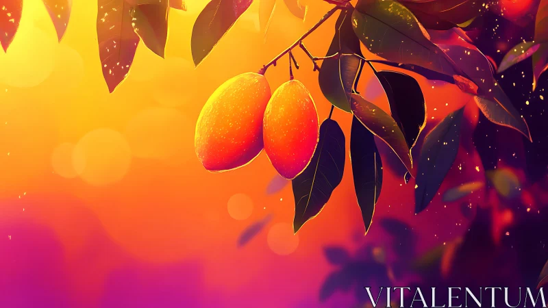 Sunset-ripe mangoes glow like lanterns in a painted orchard