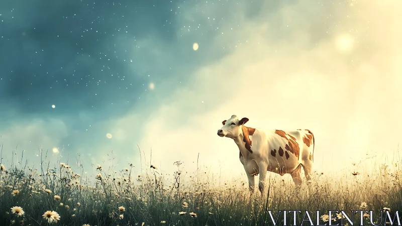 Sunlit cow stands in dreamy wildflower meadow at dawn.