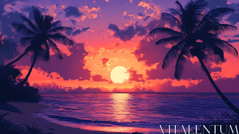 Vibrant tropical beach sunset frames low sun between palms