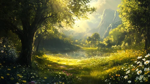 Sunlit forest meadow surrounds reflective mountain pond