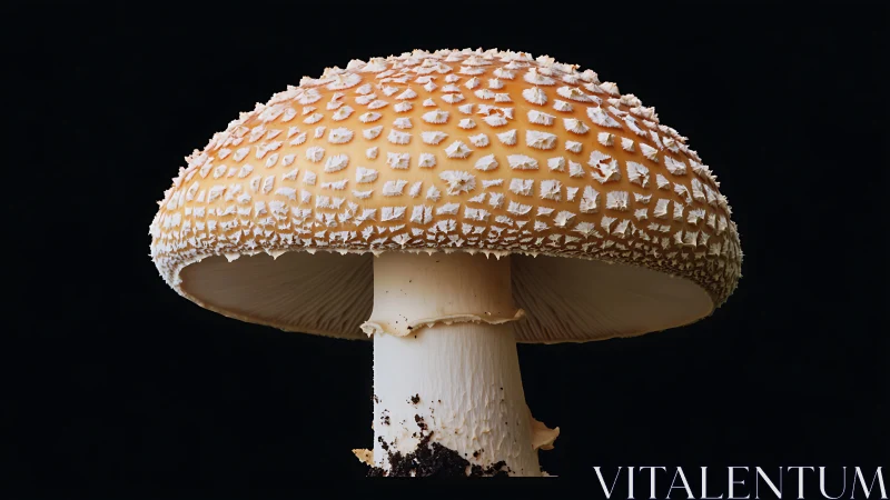 Close-up side view of a spotted mushroom on black background.