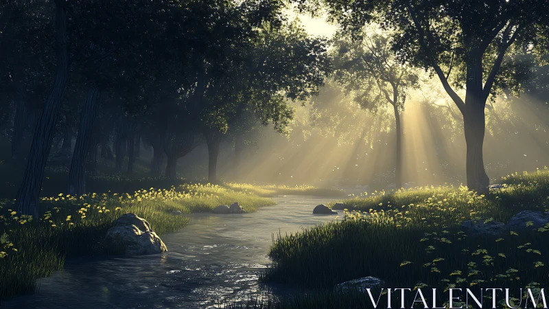 Morning sunlight gently warms a quiet forest stream