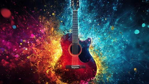 Colorful acoustic guitar stands in a burst of radiant paint