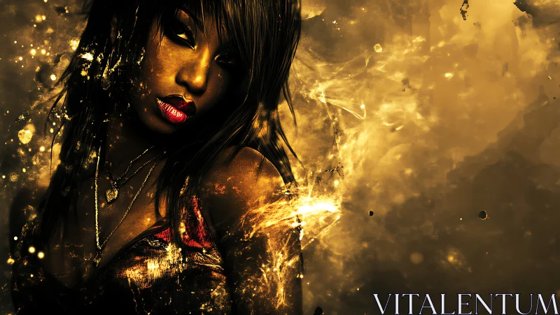 Golden portrait shows woman dissolving into radiant sparks