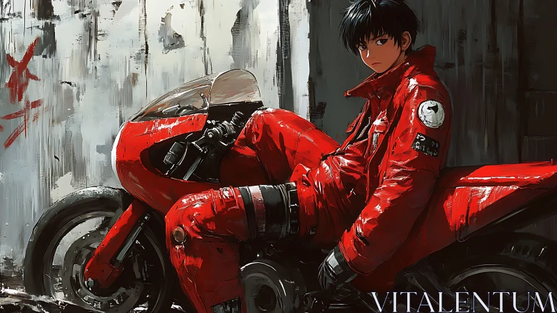 Motorcyclist in red gear sits against weathered concrete wall