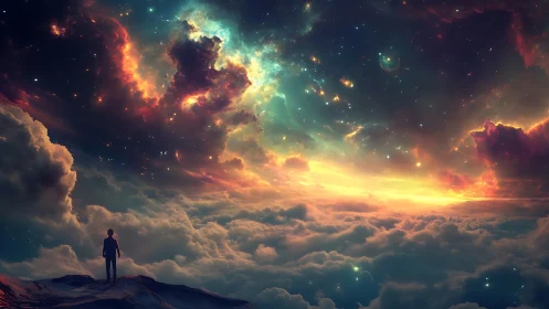 Solitary figure watching surreal cosmic sky over clouds.