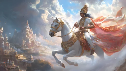 Mythic warrior on airborne steed above radiant temple city.