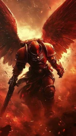 Armored winged warrior emerges through infernal firestorm blaze