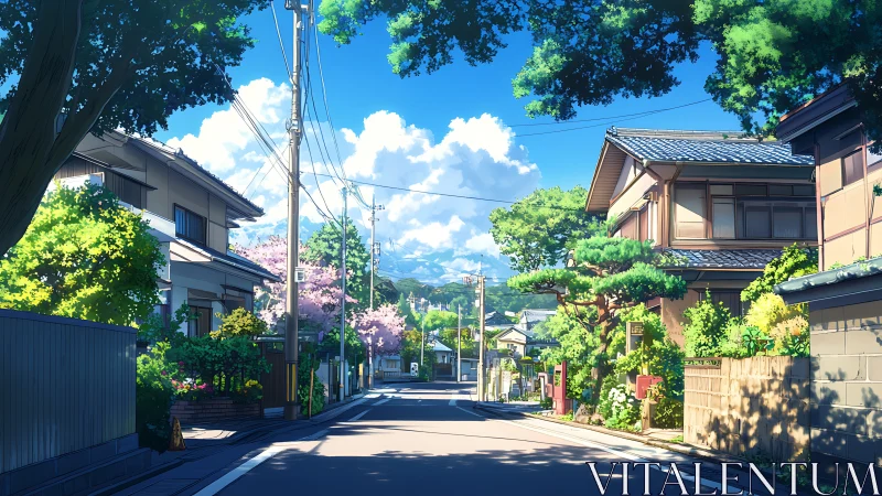 Sunlit Japanese residential street under clear summer sky