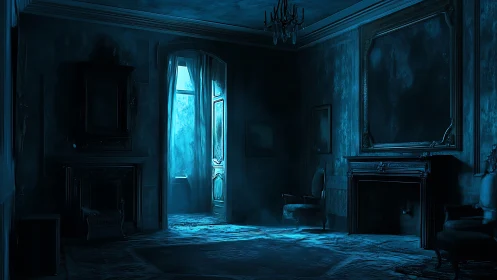 Dim blue-lit interior shows abandoned ornate sitting room