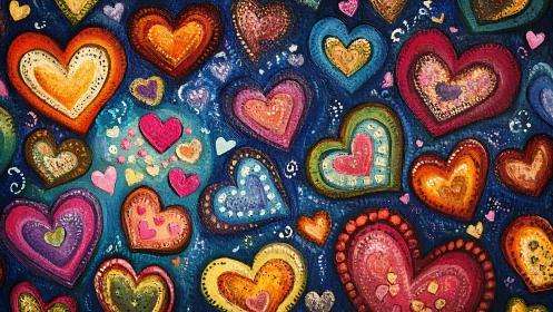 Layered Chromatic Hearts: Textured Acrylic Composition on Deep Blue Ground.