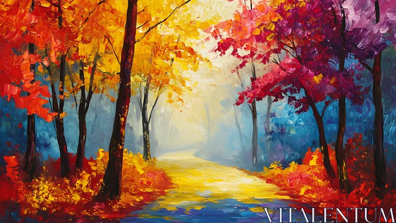Color-drenched forest path melts gently into luminous mist