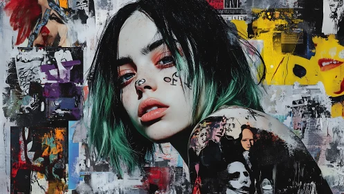 Mixed-media portrait of punk-inspired woman over collage field