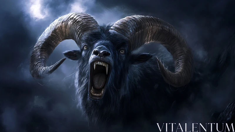 Nocturnal demonic ram portrait with extended fangs in storm haze