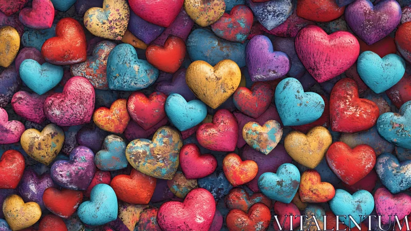Multicolored textured heart shapes arranged in dense composition