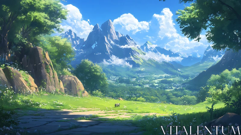 Valley meadow opens its sunlit arms to distant crystal peaks