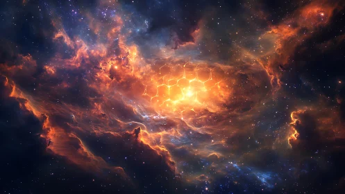 Digital nebular lattice with hexagonal stellar core illumination.