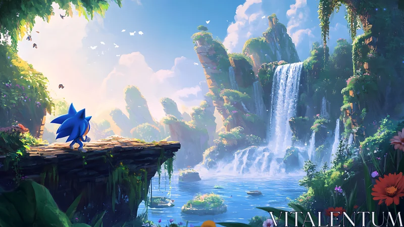 Blue hedgehog stands on rocky ledge overlooking bright waterfalls