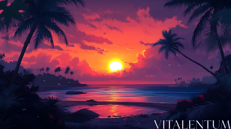 Tropical sunset ignites calm ocean beneath vivid clouds.