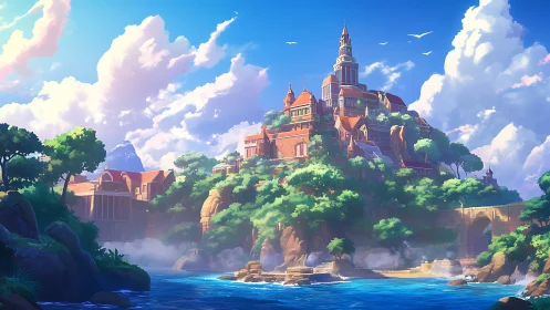 Cliffside Castle Sanctuary Glowing Beneath Azure Skies.