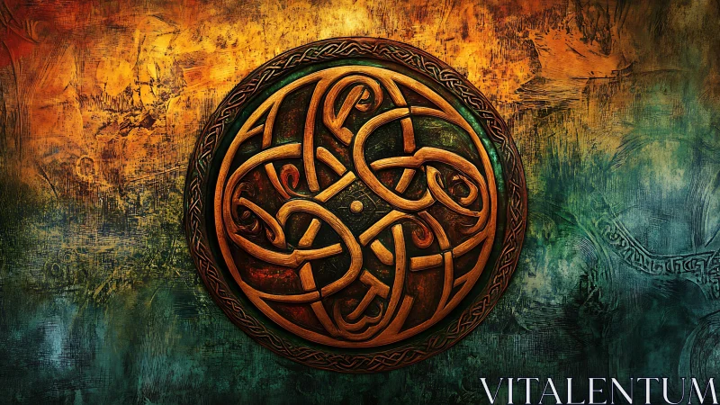 Intricate Celtic knot emblem glows on textured rustic wall.
