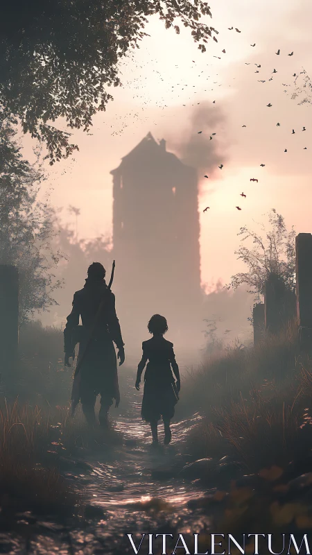 Silhouetted wanderers walk misty path toward ruined tower