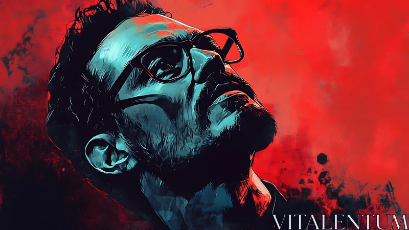 Brooding neon portrait tilts upward through crimson chaos.