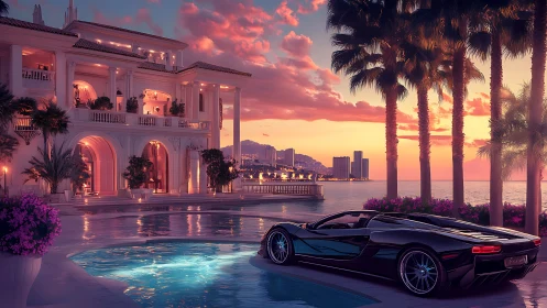 Luxury villa with sports car beside coastal pool at sunset