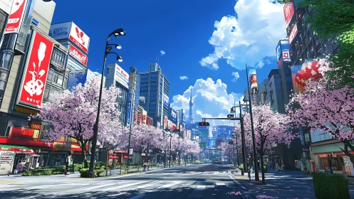 Cherry blossom boulevard basking under neon-kissed spring skies.
