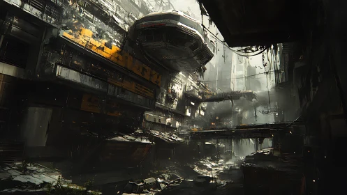 Derelict megastructure bay with suspended industrial dropship
